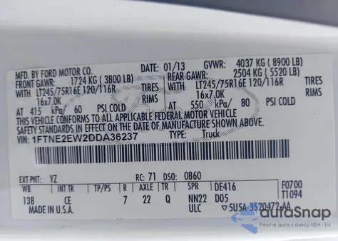 2013 Ford E-250 Commercial from USA, damaged, VIN 1FTNE2EW2DDA36237